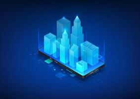 smartphone technology A mobile phone with a Smart City screen, showing a city that uses technology to manage and provide notifications via mobile phone. People access resource information. Isometric vector