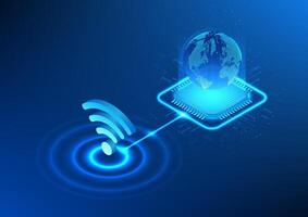 WiFi technology with digital light lines connected to a microchip on top of a globe. Shows Wi-Fi that broadcasts internet signals, accessing cyber data. communication, sending information vector