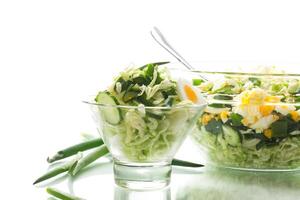 spring salad with early cabbage, cucumbers, eggs and green onions photo