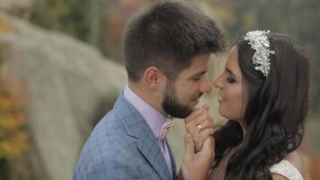 jeune marié avec la mariée sur une Montagne collines dans le forêt. mariage couple video