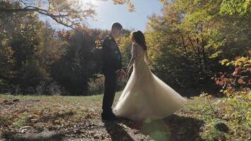 Groom with bride in the forest park. Wedding couple. Happy family video