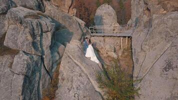 recién casados estar en un alto Pendiente de el montaña. novio y novia. arial ver video