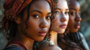 AI generated Group of beautiful different ethnicity women. Multi ethnic beauty and friendship. Portrait of diverse group of natural beautiful women photo