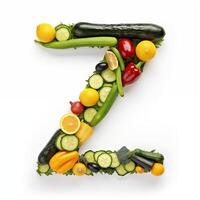 AI generated Z letter out of vegetables and fruits isolated on white background. photo