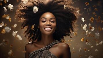 AI generated Smiling African-American woman, celebrating diversity and natural beauty. Visual representation featuring the empowering and expressive. photo