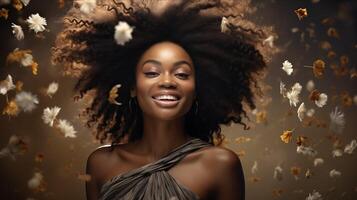 AI generated Smiling African-American woman, celebrating diversity and natural beauty. Visual representation featuring the empowering and expressive. photo