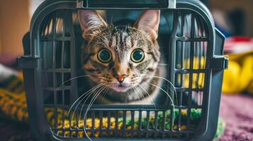 AI generated Worried cat in a carrier. Going to the vet. photo