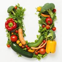 AI generated U letter out of vegetables and fruits isolated on white background. photo