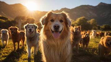 ai generado perro parque camaradería alegre y reconfortante, mañana, gran angular Disparo de perros socializando a el parque. foto