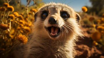 AI generated Meerkat playful close up shot wallpaper. photo