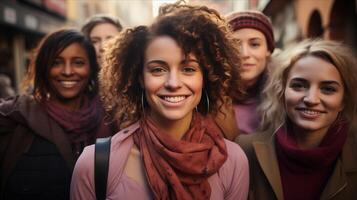 AI generated Group of women standing together, celebrating International Womens Day. Sisterhood community. photo