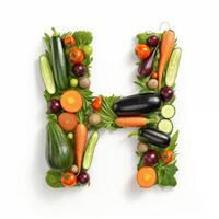 AI generated H letter out of vegetables and fruits isolated on white background. photo