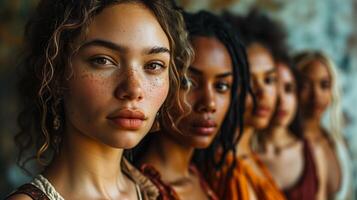 ai generado grupo de hermosa diferente etnia mujer. multi étnico belleza y amistad. retrato de diverso grupo de natural hermosa mujer foto