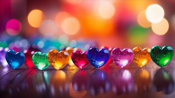 AI generated Hearts on blurred Background banner. Bokeh wallpaper. Love Concept. photo