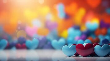 AI generated Hearts on blurred Background banner. Bokeh wallpaper. Love Concept. photo