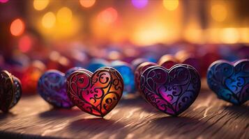AI generated Hearts on blurred Background banner. Bokeh wallpaper. Love Concept. photo