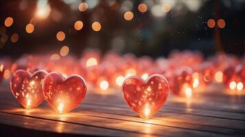 AI generated Hearts on blurred Background banner. Bokeh wallpaper. Love Concept. photo