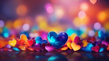 AI generated Hearts on blurred Background banner. Bokeh wallpaper. Love Concept. photo