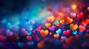 AI generated Hearts on blurred Background banner. Bokeh wallpaper. Love Concept. photo