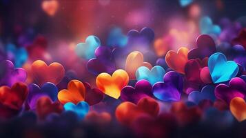 AI generated Hearts on blurred Background banner. Bokeh wallpaper. Love Concept. photo