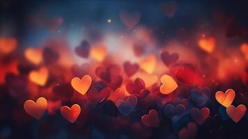 AI generated Hearts on blurred Background banner. Bokeh wallpaper. Love Concept. photo