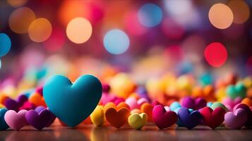 AI generated Hearts on blurred Background banner. Bokeh wallpaper. Love Concept. photo