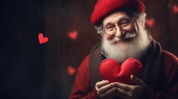 AI generated Old Man holding heart symbol valentine day gift. Love and romantic emotion concept. photo