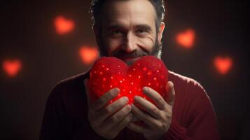 AI generated Man holding heart symbol valentine day gift. Love and romantic emotion concept. photo
