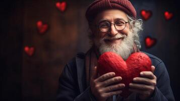 AI generated Old Man holding heart symbol valentine day gift. Love and romantic emotion concept. photo