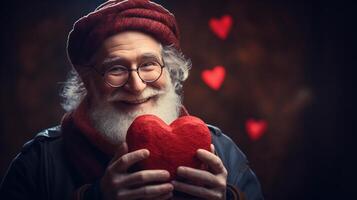 AI generated Old Man holding heart symbol valentine day gift. Love and romantic emotion concept. photo