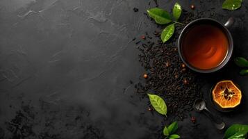 AI generated Black tea advertisment background with copy space photo