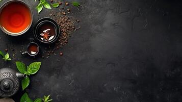 AI generated Black tea advertisment background with copy space photo
