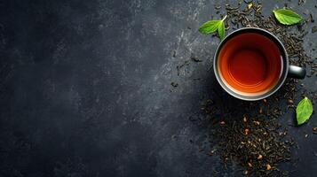 AI generated Black tea advertisment background with copy space photo