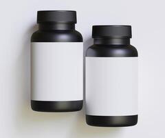 Black pill bottle white label for mockup collection. illustration 3D rendering, Perfect for medical, cosmetic, protein, pharmacy products and etc photo