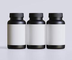 Black pill bottle white label for mockup collection. illustration 3D rendering, Perfect for medical, cosmetic, protein, pharmacy products and etc photo