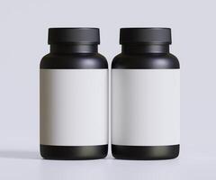 Black pill bottle white label for mockup collection. illustration 3D rendering, Perfect for medical, cosmetic, protein, pharmacy products and etc photo