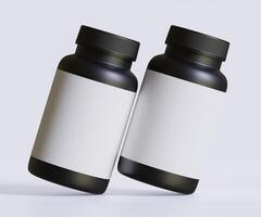 Black pill bottle white label for mockup collection. illustration 3D rendering, Perfect for medical, cosmetic, protein, pharmacy products and etc photo