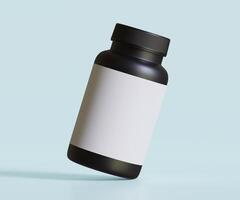 Black pill bottle white label for mockup collection. illustration 3D rendering, Perfect for medical, cosmetic, protein, pharmacy products and etc photo