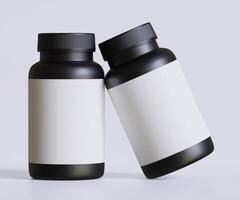 Black pill bottle white label for mockup collection. illustration 3D rendering, Perfect for medical, cosmetic, protein, pharmacy products and etc photo