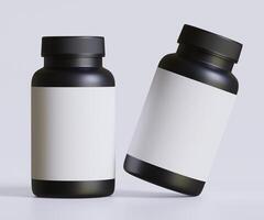 Black pill bottle white label for mockup collection. illustration 3D rendering, Perfect for medical, cosmetic, protein, pharmacy products and etc photo