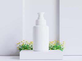 Realistic cosmetic packaging, Beauty product container set, plastic bottle illustration blank. spray bottle, cream tube and jar mockup collection on the podium 3D. Clear spa hygiene object photo