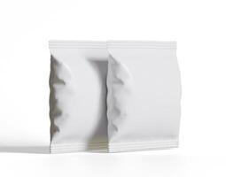 blanco el plastico bocadillo bolso Bosquejo, blanco patata papas fritas envase, 3d representación aislado en blanco antecedentes foto