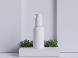 realista cosmético embalaje, belleza producto envase colocar, el plastico botella ilustración blanco. rociar botella, crema tubo y tarro Bosquejo colección en el podio 3d. claro spa higiene objeto foto