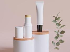 Realistic cosmetic bottle. Beauty product container set, plastic bottle illustration blank. spray bottle, cream tube and jar mockup collection on the podiun 3D. Clear spa hygiene object photo