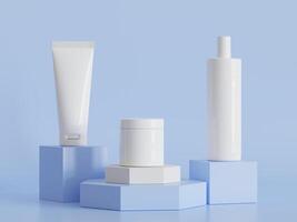 Realistic cosmetic bottle. Beauty product container set, plastic bottle illustration blank. spray bottle, cream tube and jar mockup collection on the podiun 3D. Clear spa hygiene object photo