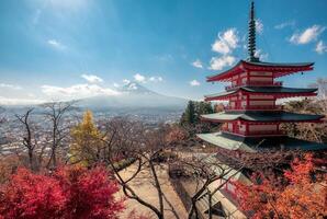 View of Mount Fuji with Chureito Pagoda in autumn garden photo