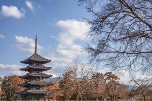 Suma-dera temple with wooden ancient pagoda in autumn park at Kobe photo