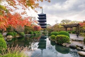 Ancient wood pagoda in Toji temple of unesco world heritage site in autumn garden at Kyoto photo