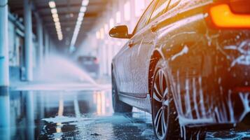 AI generated car washing advertisment background with copy space photo