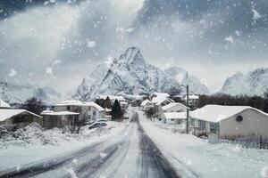 Snowy town rorbuer with blizzard snowing on the way in village photo